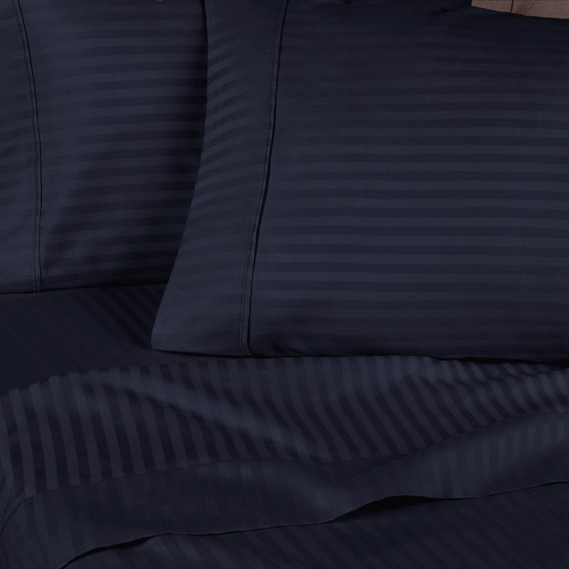 Gisla Deep Pocket 400 Thread Count Striped Egyptian-Like Cotton Sheet Set , Navy Blue, Full Sheet Set with 2 Pillowcases
