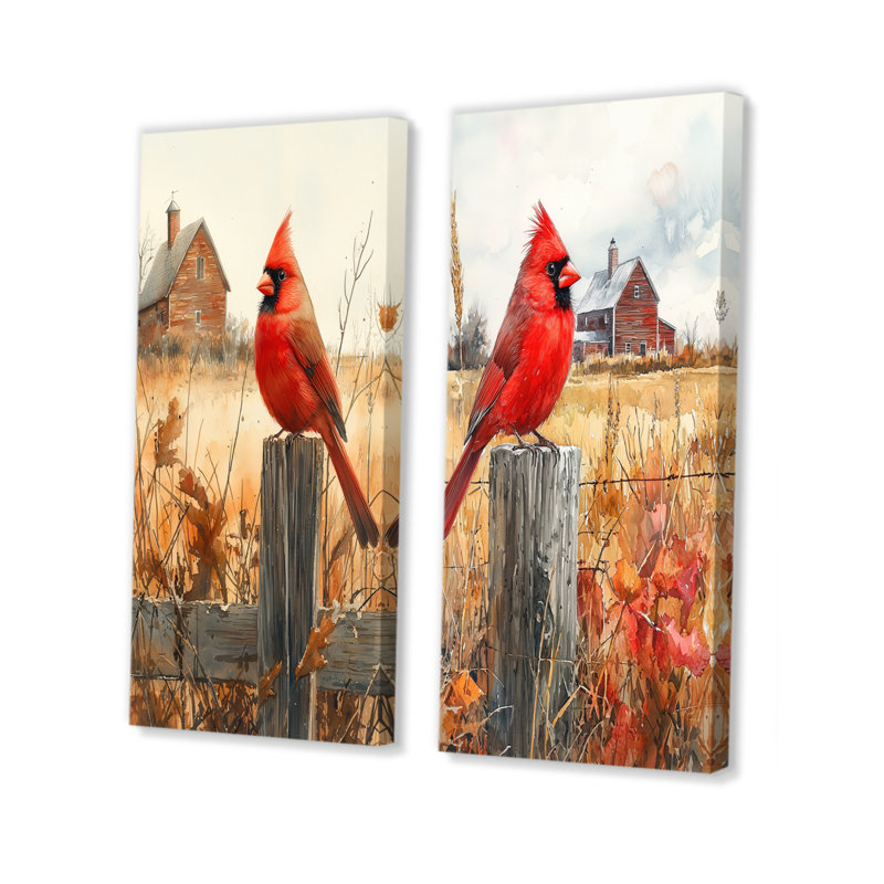 «Cardinal Bird» par The Farmhouse III - animaux, art mural 2 pièces, H 40 po x l 41 po, Wrapped Canvasd