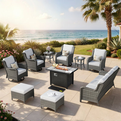 NTC 9-Piece Patio Conversation Set, Wicker Outdoor Furniture Sofa Set with Swivel Rocker Chairs, Ottomans &Optional Fire Pit Table, Patio Seating Group with Cushions
