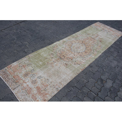 Handmade Turkish Vintage Green Runner Rug - Anatolian Antique Carpet for Hallways & Entryways