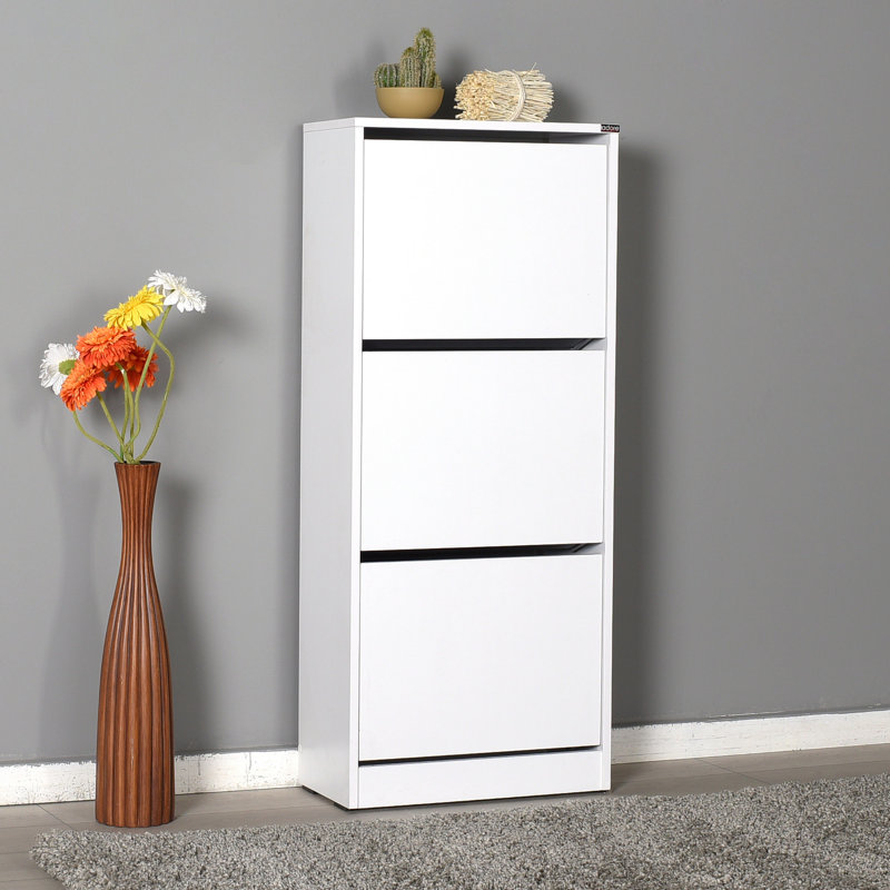 Armoire à chaussures moderne, blanc, 20,1 po x 46,9 po x 10,2 po | 100% panneau de particules enduit de mélamine, épaisseur: 0,6 pouce | 3 tiroirs et de nombreuses tablettes, fixation murale | Solution de rangement élégante pour le vestibule et le couloir