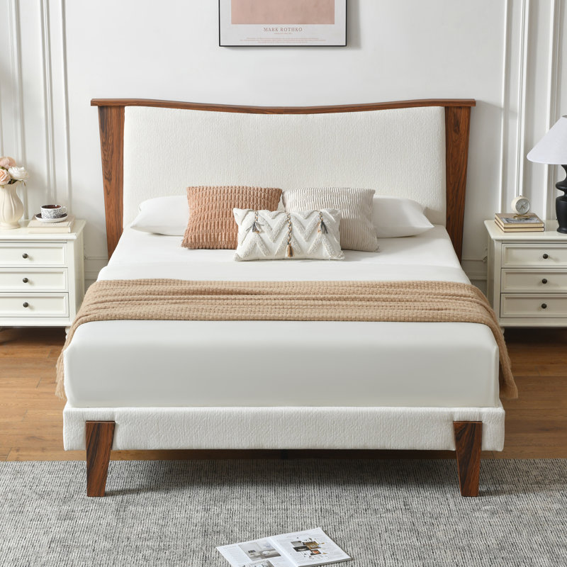 Lit plateforme de luxe Willma avec tête de lit en bois courbé, sans sommier requis, Lit double
