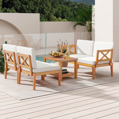 5 Pcs Acacia Wood Patio Furniture Set With Cushions And 2-tier Coffee Table