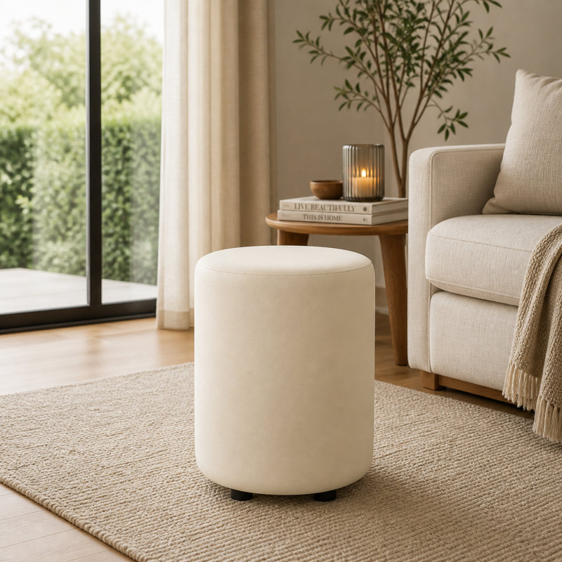 Faux Leather Round Stool Seating , Snow White