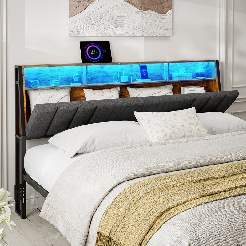 Wrought Studio Hidden Storage Headboard With Charging Station, Ergonomic Upholstered Linen Headboard Only With Led Lights, 2 Outlets & 2 Usb Ports, Attach Frame, Easy Assembly, Dark Grey