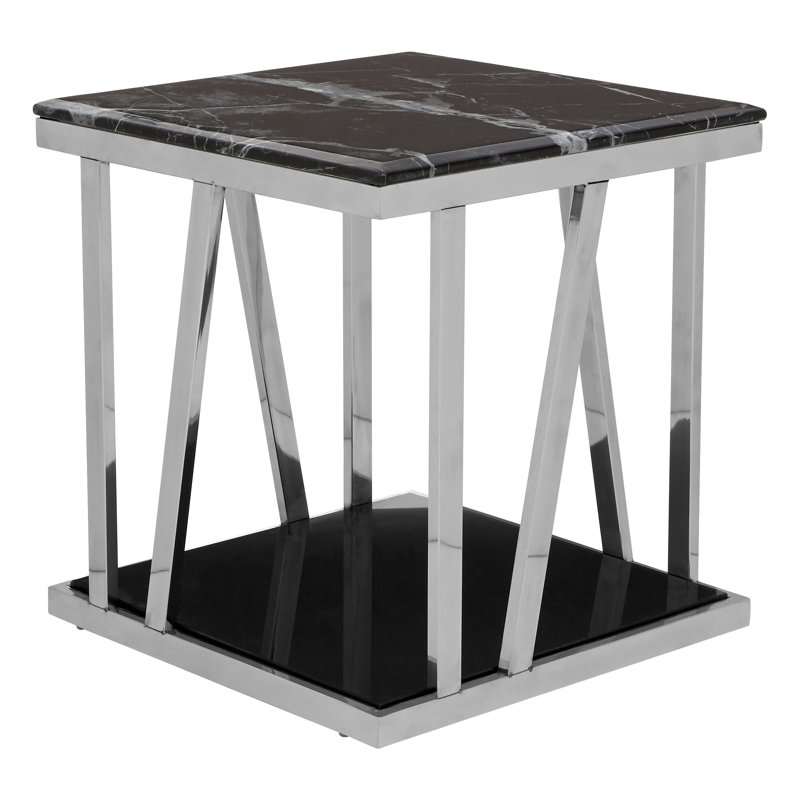 Silver Side Table With Black Marble Top