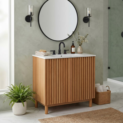 Ensemble de meuble-lavabo double 60 po avec plateau en céramique, portes en bois cannelées et charnières à fermeture en douceur 60 po