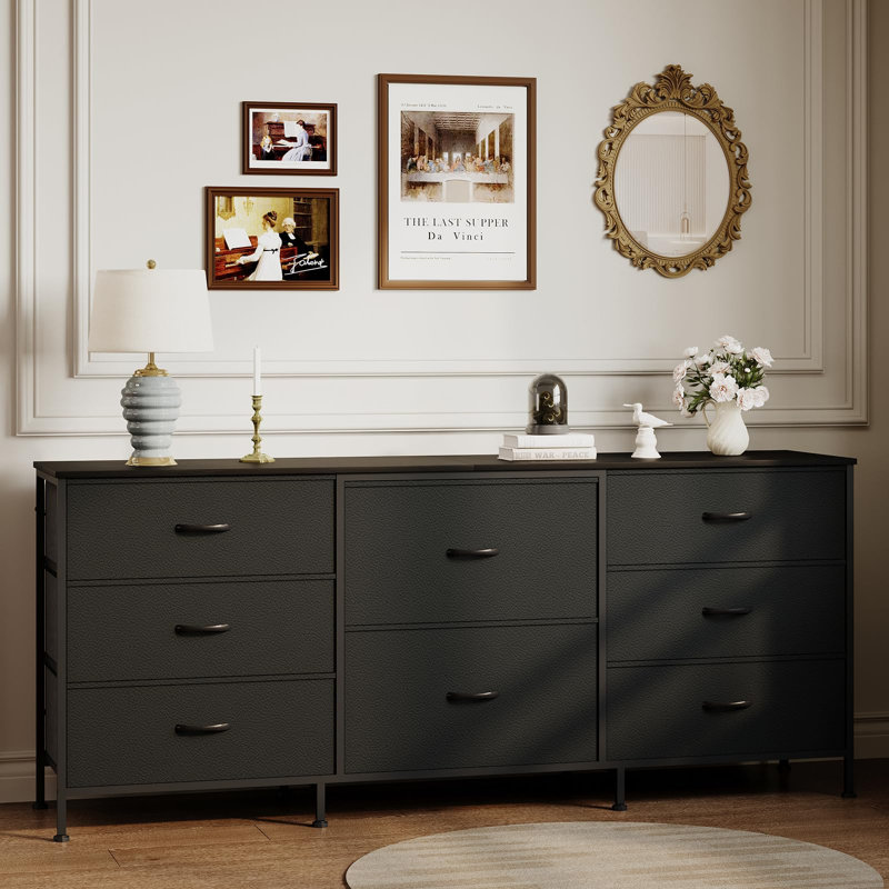63" TV Stand Dresser with 8 Fabric Drawers for TVs up to 75", Storage Organizer with Wooden Top & Metal Frame, Black