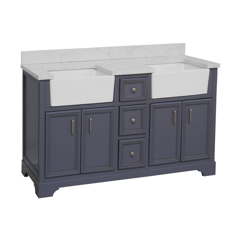 Ensemble de meuble-lavabo double 60 po Emiliano, Gris poudre, Carrare d'ingénierie