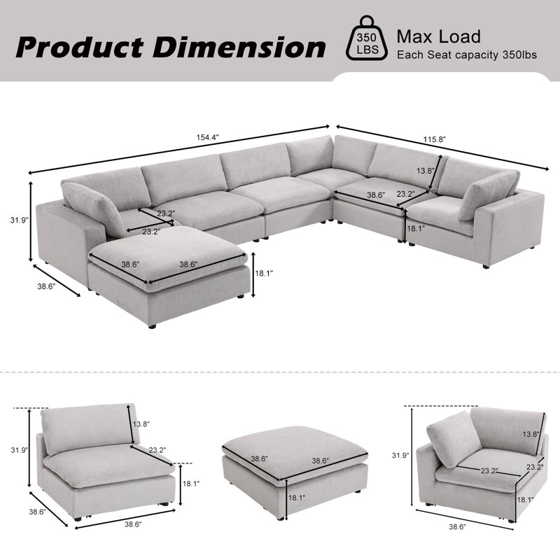 Nuccio 7-Piece Minimalist Modern Soft-Upholstered Sectional With Ottoman