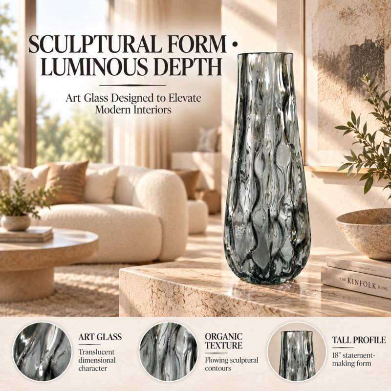 Grand vase de table contemporain gris de 18 pouces pour décorer un salon ou un vestibule moderne