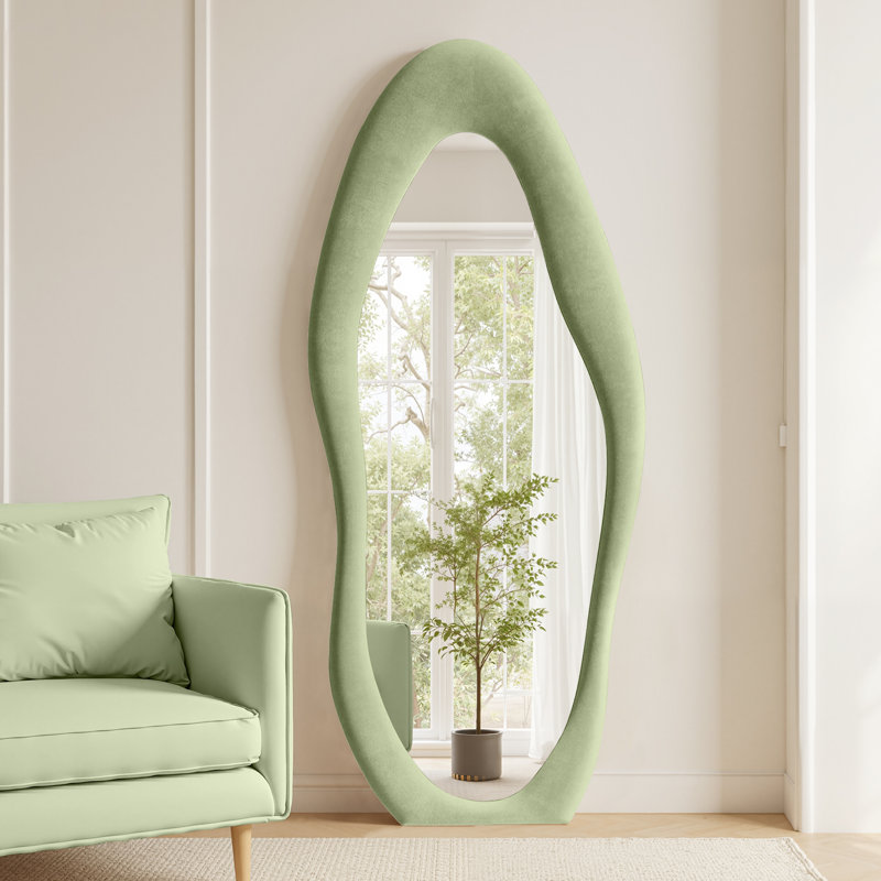 Farkhan Manufactured Wood Wavy Floor Mirror, 71" x 30", Sage Green