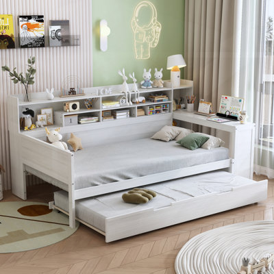 Lit de jour simple en bois avec tablettes de rangement, lit multifonctionnel avec lit gigogne simple et bureau d'étude