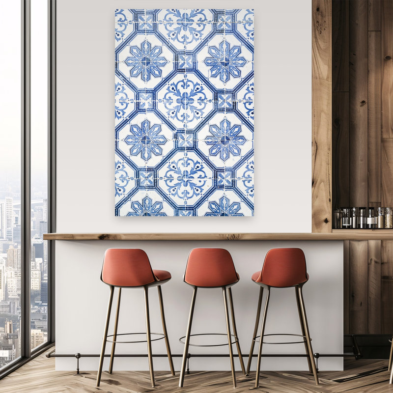 Motif azulejo bleu à motif géométrique classique, 60" H x 40" W