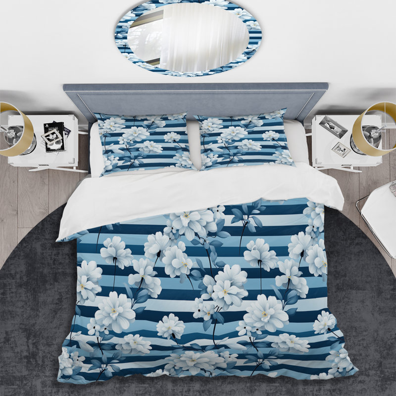 Nautical Allure Flowers Striped Pattern - Ensemble de housse de couette rayé
