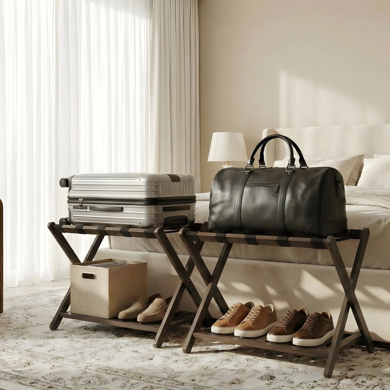 Porte-bagages, support de valise pliable avec tablette de rangement et sangles en nylon, Bois brun