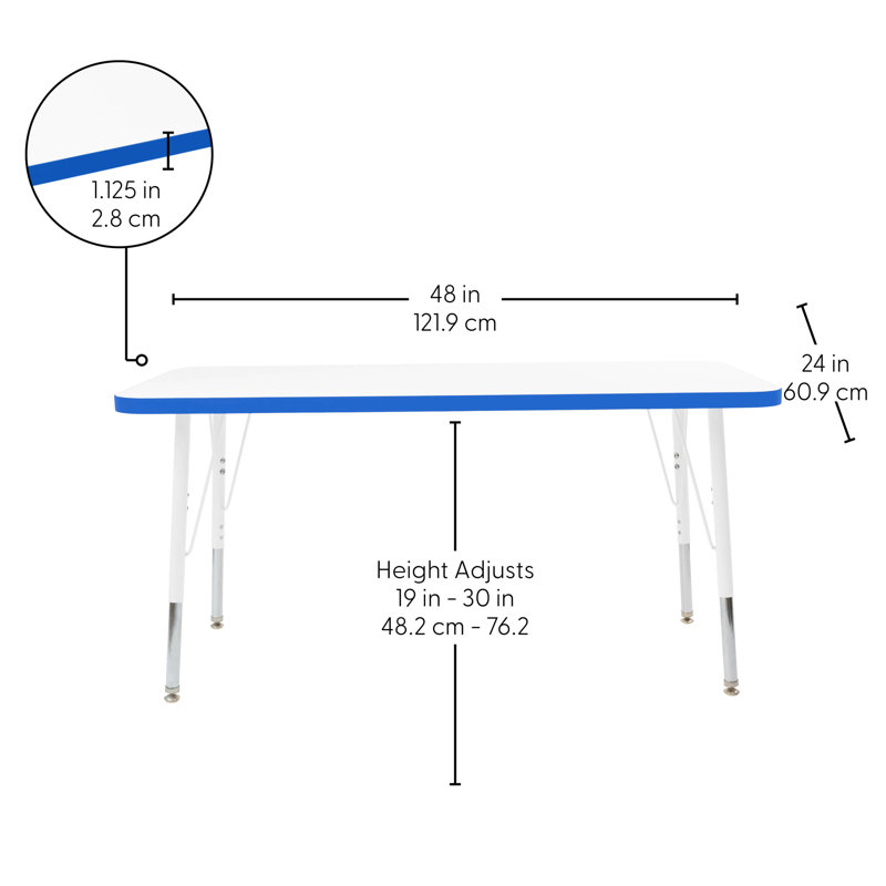 Table rectangulaire d'activités thermofusionnées avec pieds réglables et pivotants standard, H 30 po x l 24 po x P 48 po
