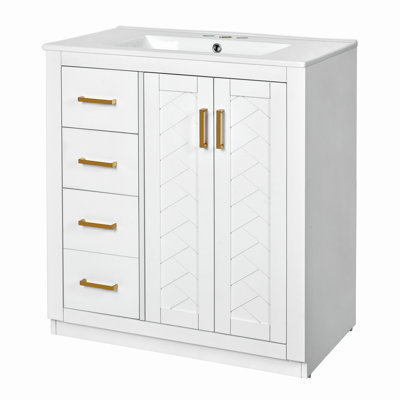 Ensemble de meuble-lavabo 30 po avec lavabo en céramique, armoire de rangement en bois massif, ensemble de meuble-lavabo autoportant avec 3 tiroirs et portes à fermeture douce