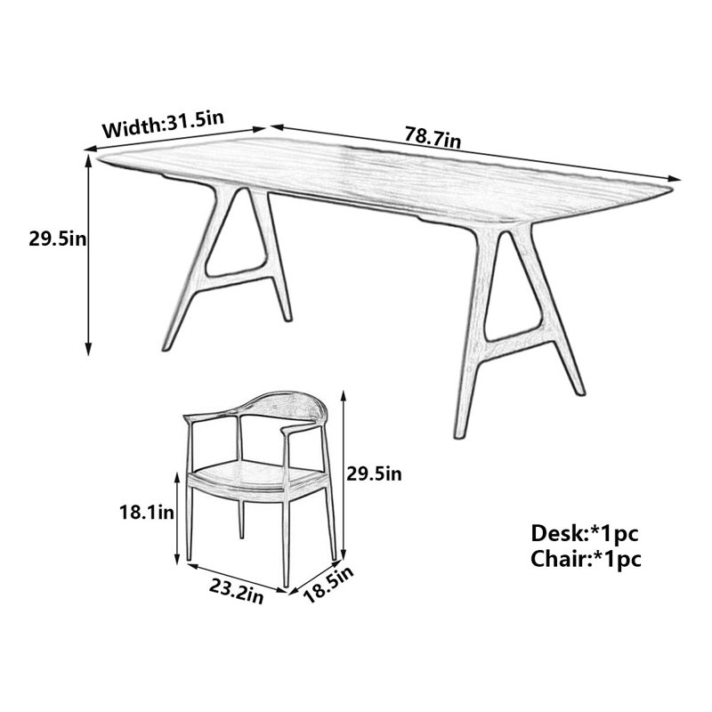 Bureau à structure en A en bois massif, H 29,5 po x l 78,7 po x P 31,5 po