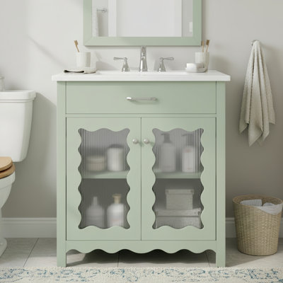 Meuble-lavabo de salle de bain avec verre trempé, armoire de salle de bain moderne avec pieds en bois d'hévéa