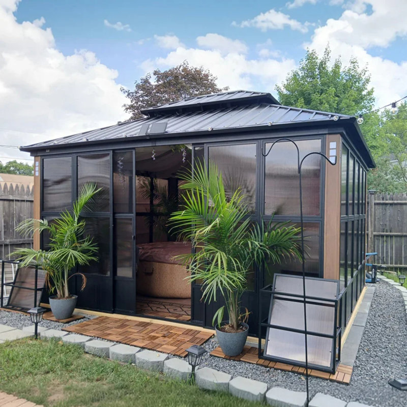 PURPLE LEAF 12' W x 14' D Patio Hardtop Gazebo Double Top Outdoor Screen House Aluminum Solarium Backyard Sun Room
