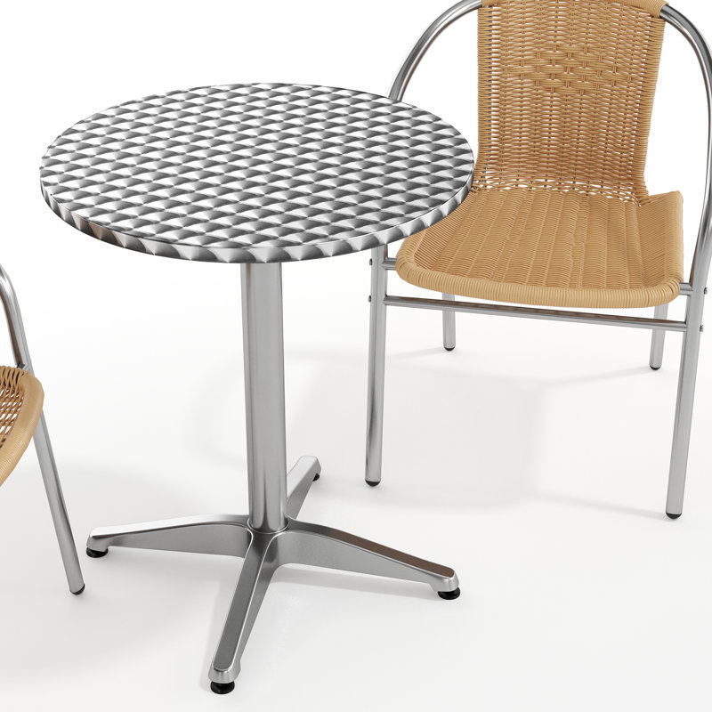 DuJuan 31.5'' Round Aluminum Indoor-Outdoor Table Set with 2 Rattan Chairs, Beige, 23.5"W x 23.5"D x 27.5"H