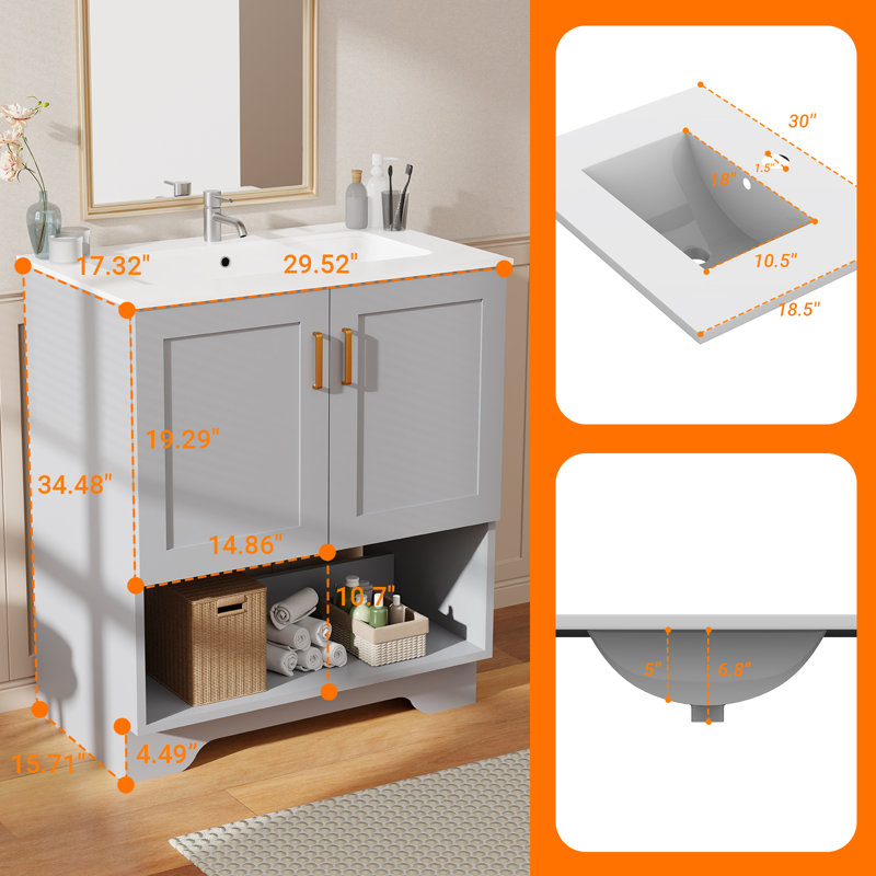 Meuble-lavabo moderne 30 po avec lavabo en céramique - armoire autoportante 2 portes à fermeture douce et 1 tablette ouverte, gris