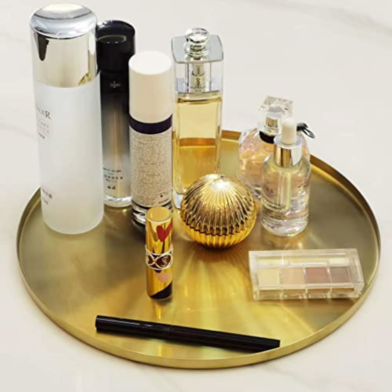 Gold Serving Tray, Decorative Platters And Trays For Perfume Jewelry Comestics Food Coffee Tea Candle, Bath Vanity Counter Bathroom Table (Light Gold, 14 Inch)