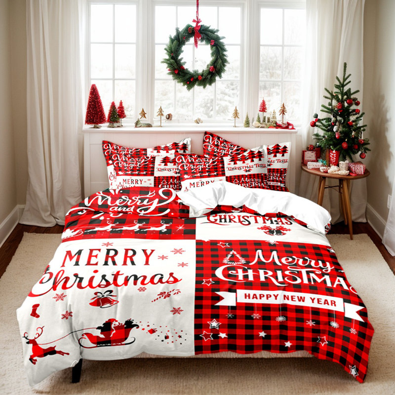 Ensemble de literie Shenglei Merry Christmas en microfibre à carreaux rouges et noirs, avec 2 taies d'oreiller, format King (garnitures non comprises)