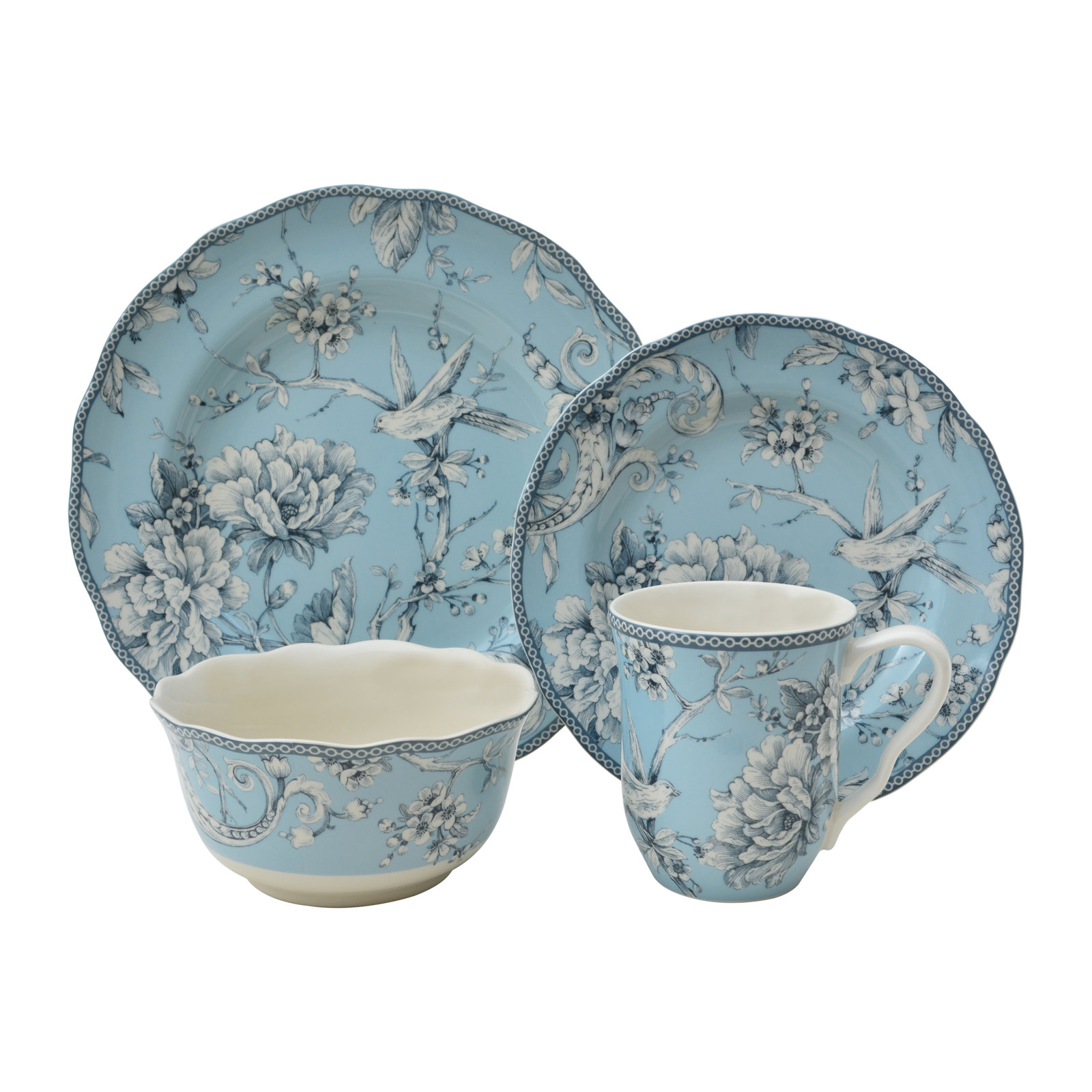 Adelaide Porcelain Dinnerware Set - Service for 4, Floral, Light Blue