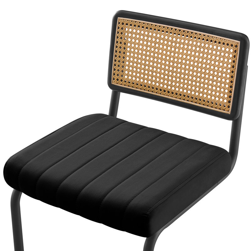 Black Velvet Upholstered Cane Back Counter Stools with Metal Frame, Set of 3