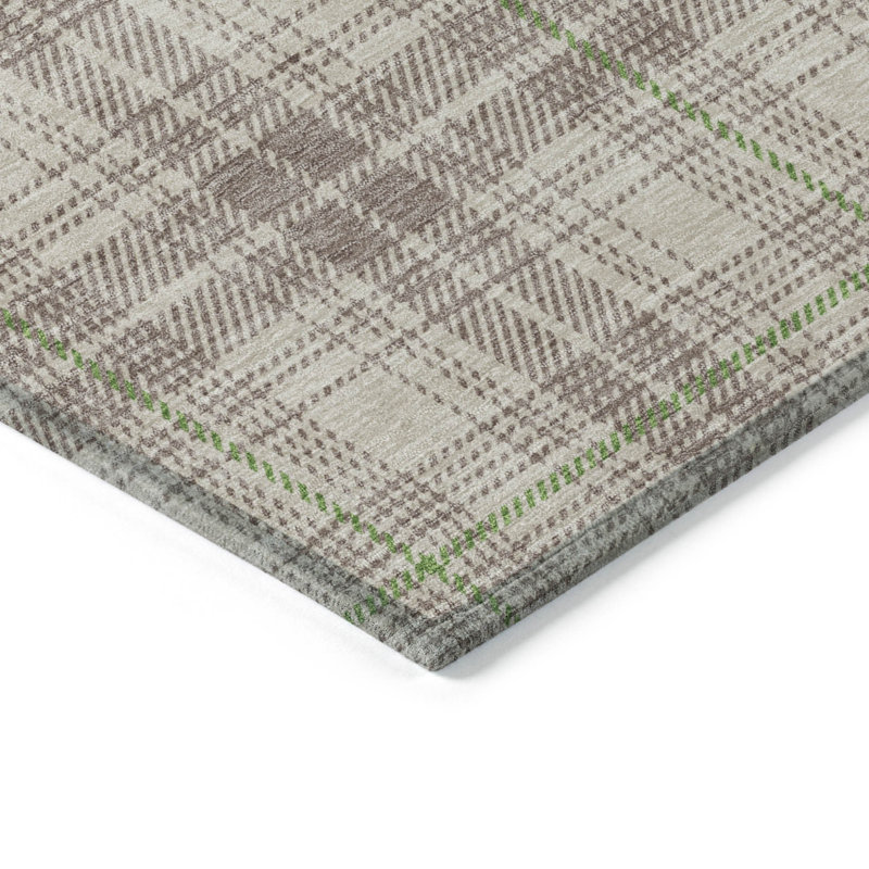 5' X 8' Beige Ivory Plaid Washable Indoor Outdoor Area Rug