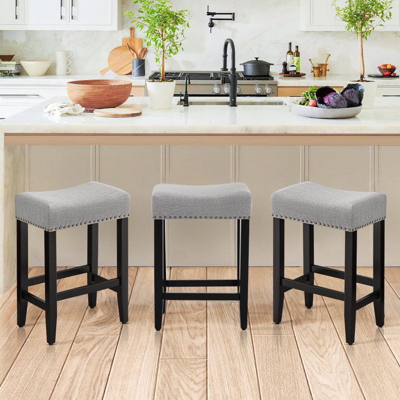 25.75" H Mid-Century Modern Saddle Stool Backless Upholstered Counter Stool with Wood Frame, Gray/Black