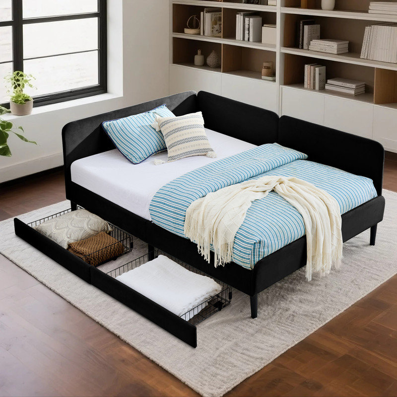 Elegant Full Size Upholstered Plarform Bed Frame with Storage, Black