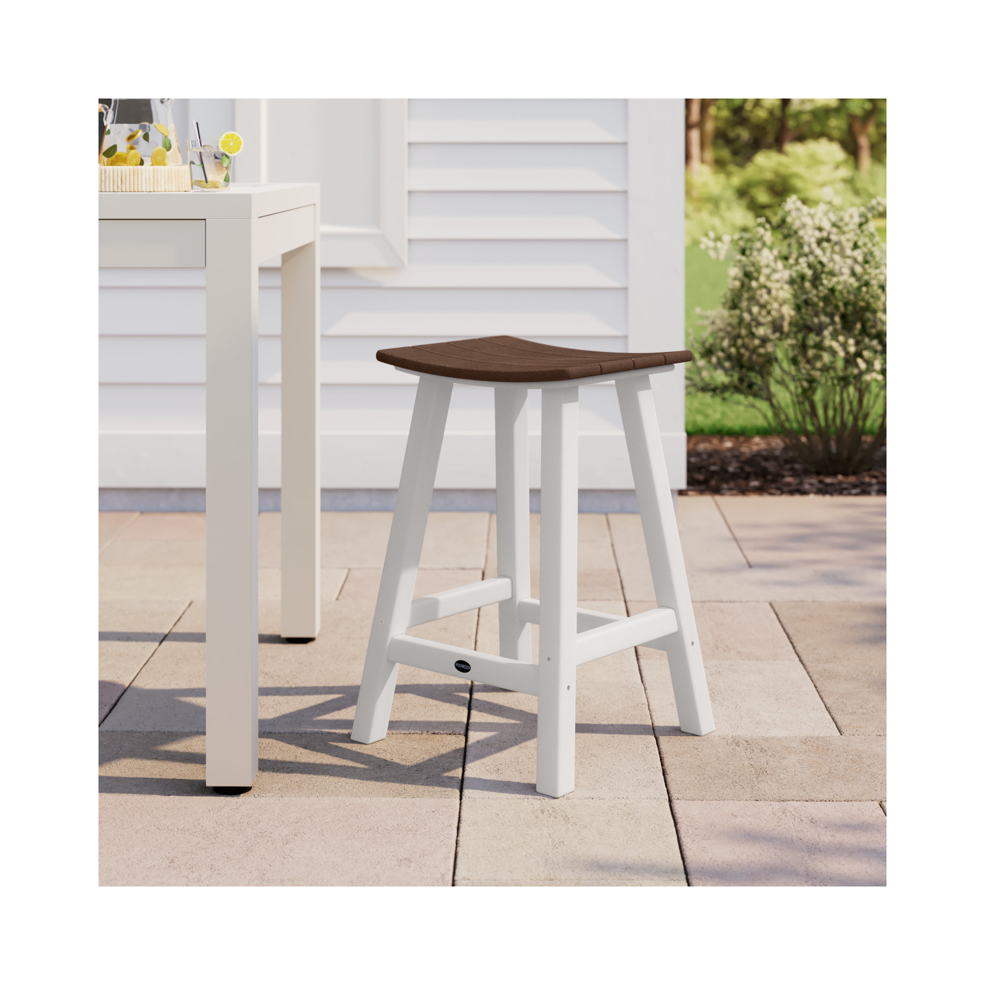 POLYWOOD Contempo 24" Saddle Counter Stool, White, Mahogany