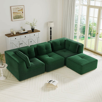 Modern Modular Sectional Sofa For Living Room, Corduroy Fabric,  3-Seater Couch With Deep Seat And Movable Ottoman,Pearl-Like Piping, Tufted Design, No Assembly, Anti-Slip Design