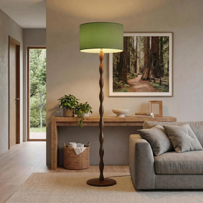 Lampe sur pied 61 po en bois massif nordique avec abat-jour tambour en lin 15,8 po, base en bois d'hévéa finition noyer, douille E26, interrupteur au pied, homologué UL, ampoule non incluse, pour le salon, la chambre à coucher, le bureau et le bureau