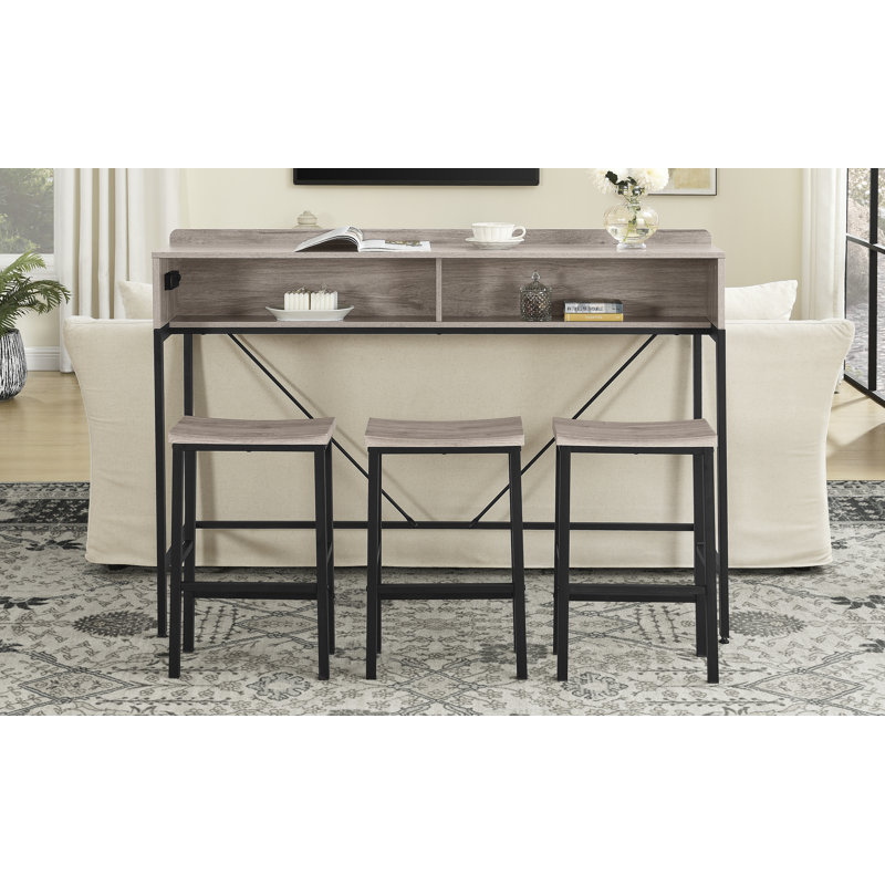 59 inch bar table, dining table, sofa table with power socket and LED light, 3 saddle stools, 4-piece bar table and chairs set for living room, dining room and kitchen