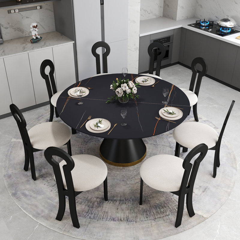 8 Seat Dining Table Set With Modern Key-shaped Dining Chairs, 9-piece Dining Set, Black, Black