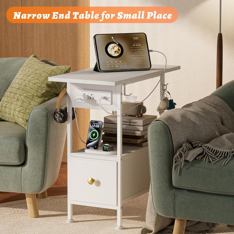 Narrow Side Table, End Table with Charging Station Bed Side Table Small Side Table Nightstand White