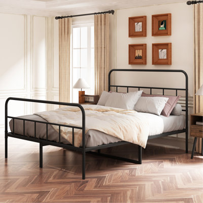 Structure de grand lit avec tête et pied de lit, structure de lit plateforme en métal, support à lattes entièrement en métal, rangement sous le lit, aucun sommier nécessaire, assemblage facile, noir