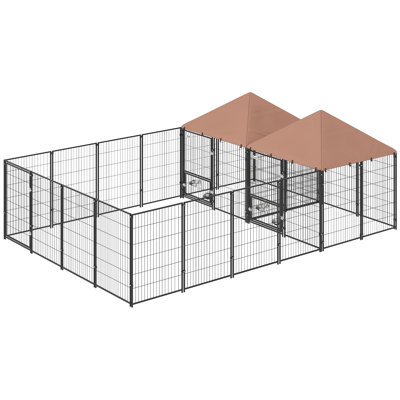Grand chenil d'extérieur pour chien avec 2 pièces, bols rotatifs et réglables en hauteur, 13,5 pi x 9,4 pi x 5,1 pi