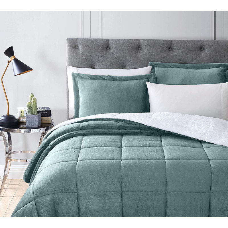 3-Piece Micromink And Sherpa Reversible Comforter Set, King Comforter + 2 King Shams, Aqua