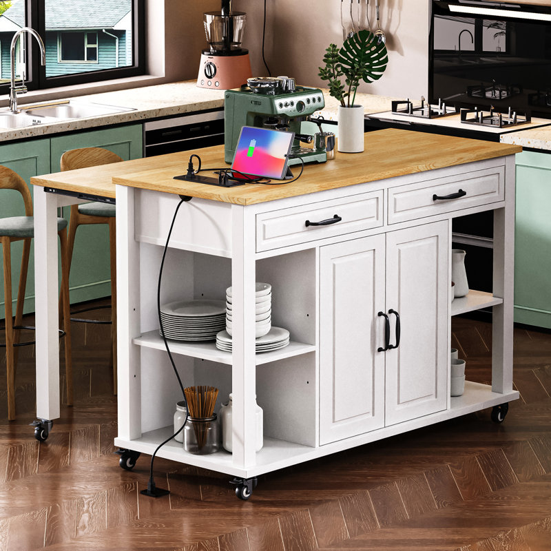 47 - Inch Rolling Kitchen Island With Extendable Dining, Rubber Wood Veneer, Adjustable Interior Shelves, 2 Lockable Dining Table, Internal Storage Rack, Power Outlet, Drawers Cabinet, White, Ideal