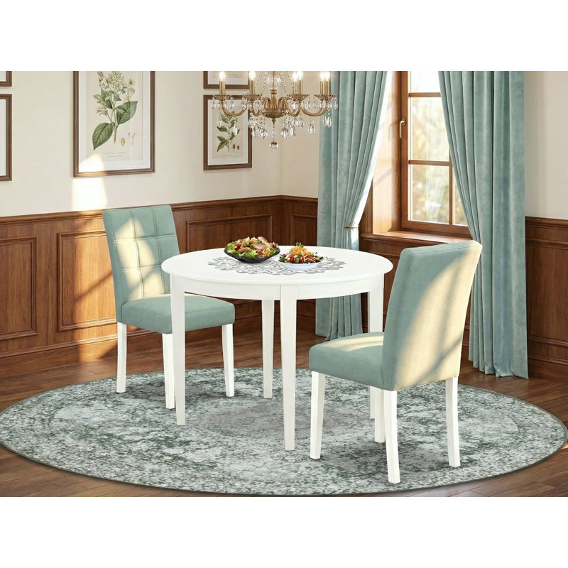 3 Piece Kitchen Table Set consists A Dining Room Table and 2 Willow Green Polyester Fabric Kitchen Chairs, Linen White