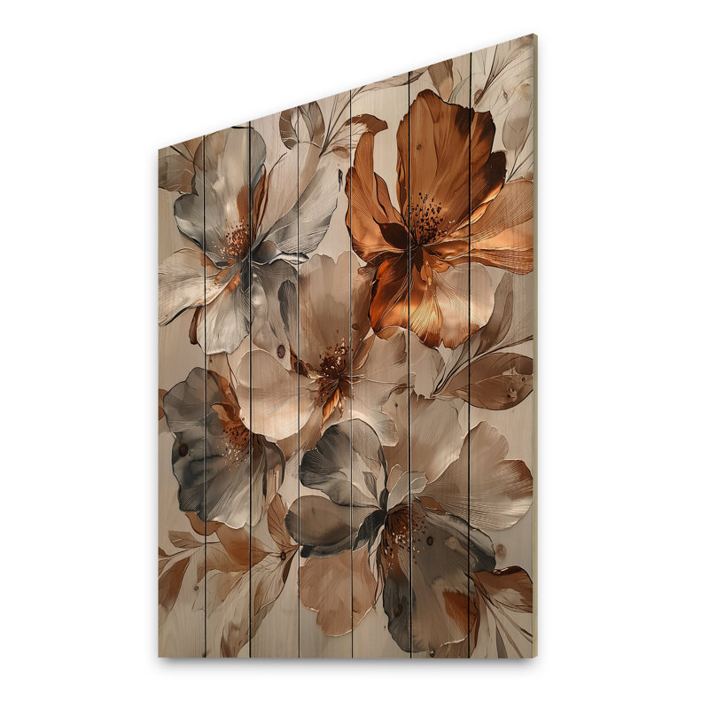 Metallic Copper And Chrome Abstract Flowers II - Flowers Wood Wall Art - On Natural Pine Wood, 20" H x 10" W x 0.78" D