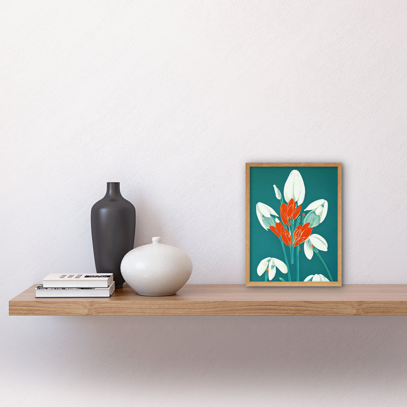 Abstract Retro Snowdrops Red Flowers - Print, Light Brown Framed Paper, 25.9cm H x 20.6cm W