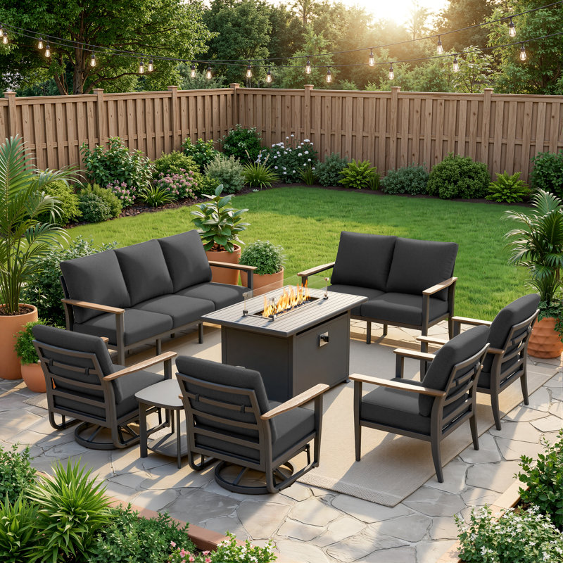 9-Person Aluminum Outdoor Patio Conversation Set With Fire Pit Table, Swivel Rocking Chairs, Wood-Look Armrests & 5.12" Thick Cushions