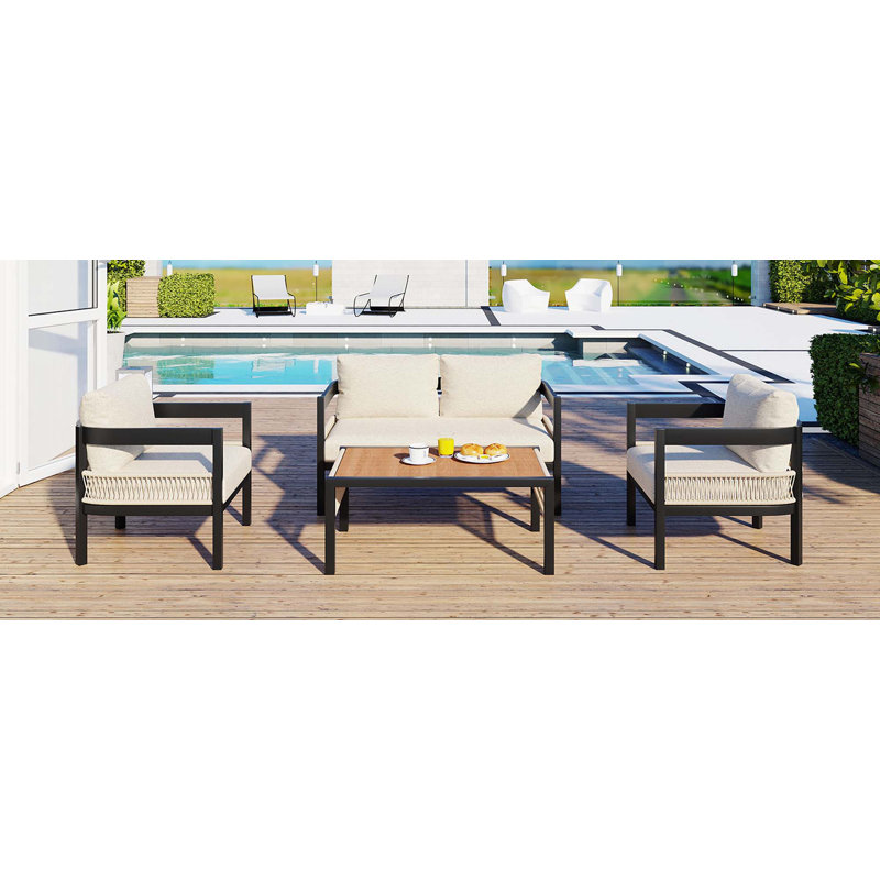 Multi-Person Outdoor Iron Sofa Set With 1 Table, Beige