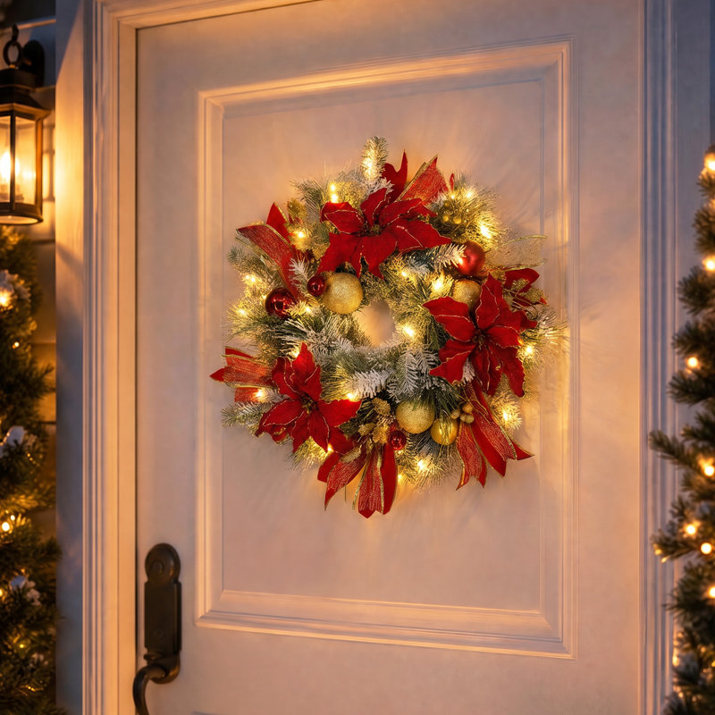 Couronne de Noël floquée rouge et or de 50 cm (20 pouces) avec 20 DEL, 8 fonctions et minuterie